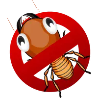 Imagem de um cupim sob o símbolo de trânsito internacional de 'proibido', ilustrando o serviços de descupinização profissional